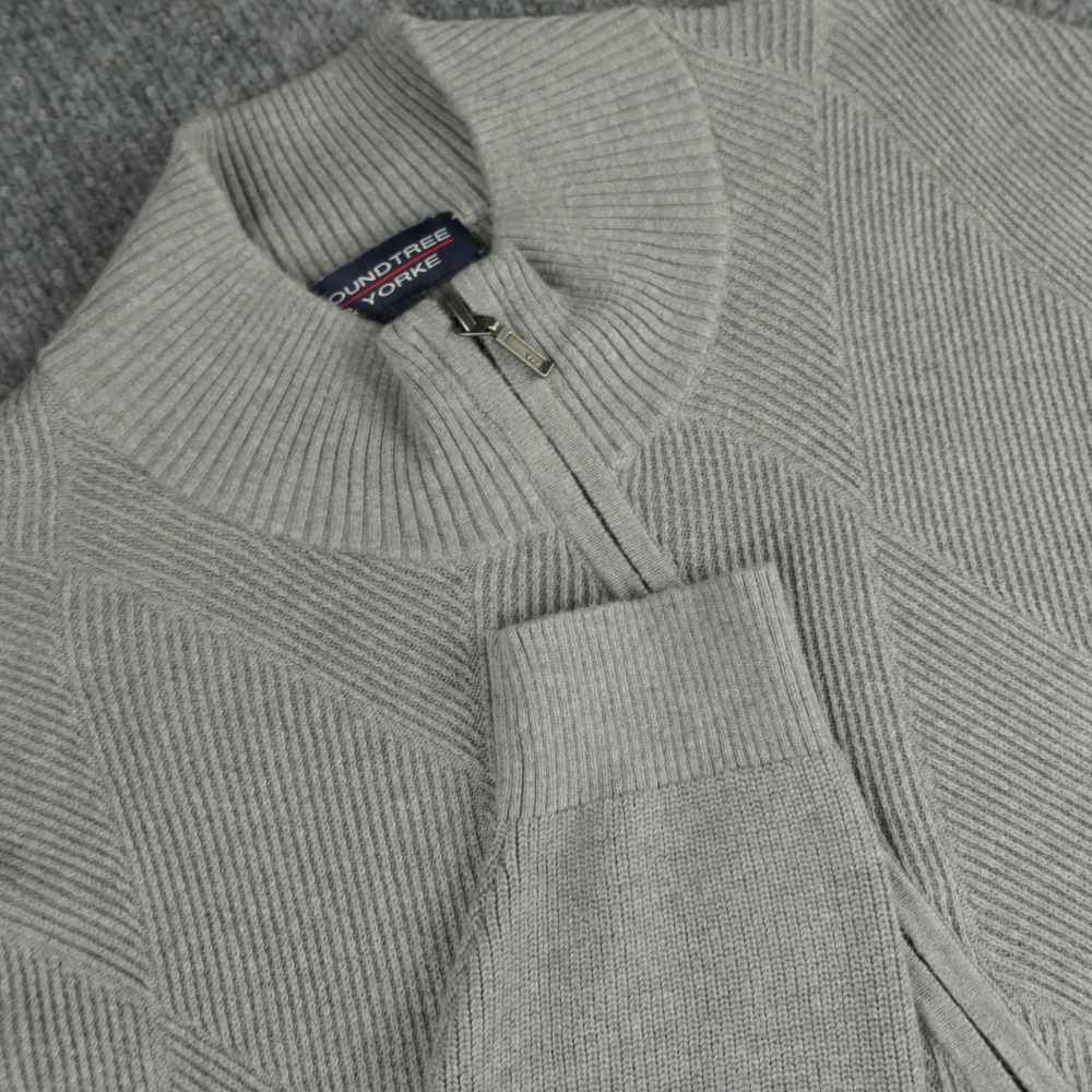 Roundtree Yorke Sweater Mens XL Gray Cardigan Full Zip Diamond Textured Knit
